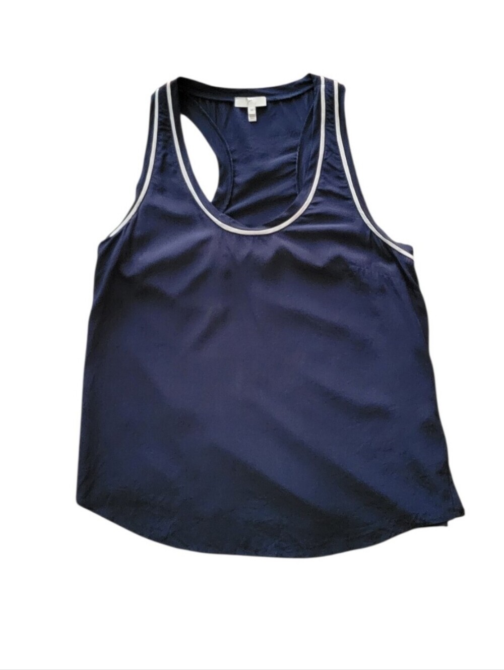 Joie Navy 100% Silk Racerback Blouse with White Trim